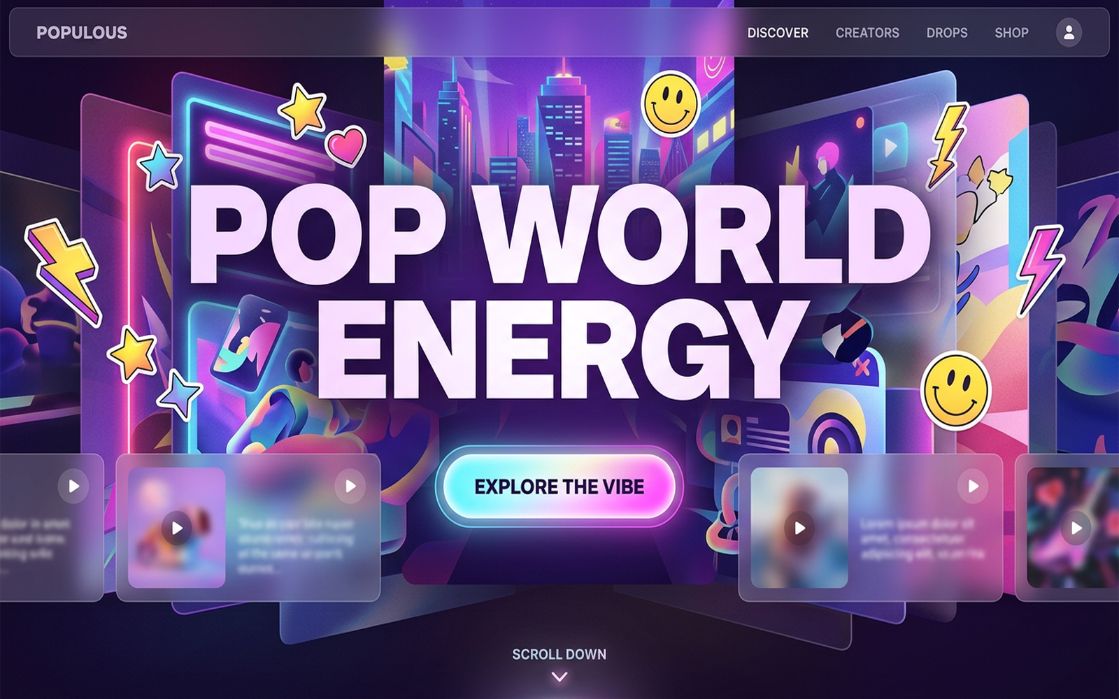 Gen-Z pop website interface — 'POP WORLD ENERGY' headline on neon gradient with glassy cards