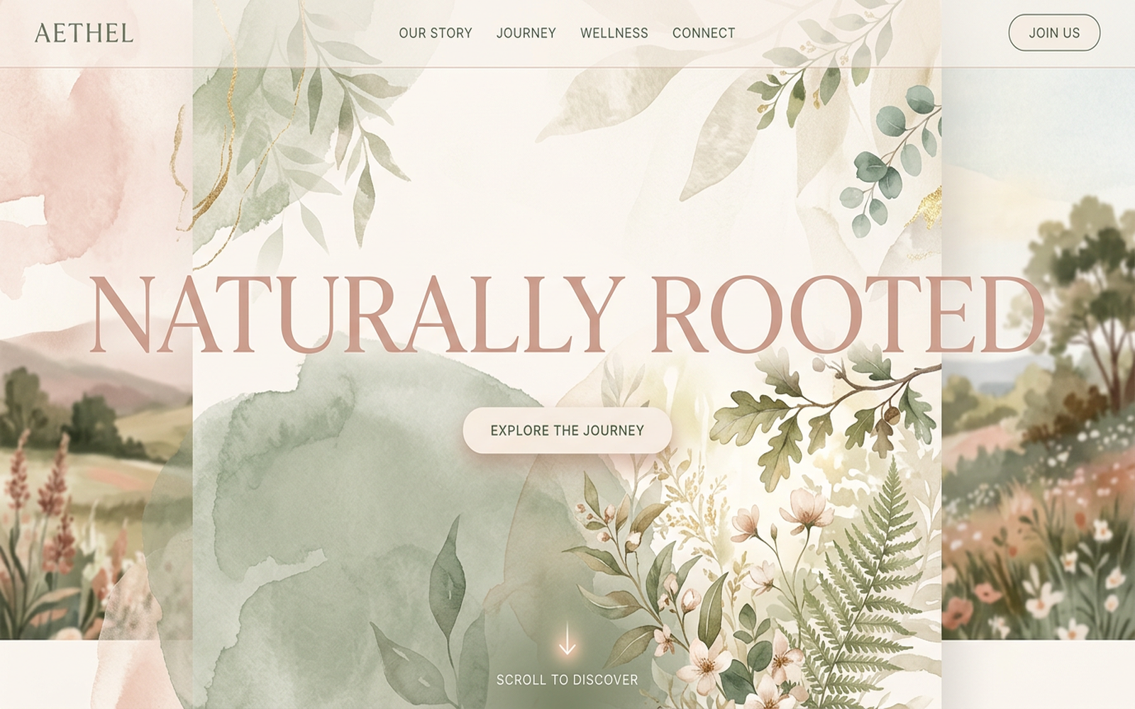 Organic wellness website interface — 'NATURALLY ROOTED' serif hero over soft watercolour botanical
