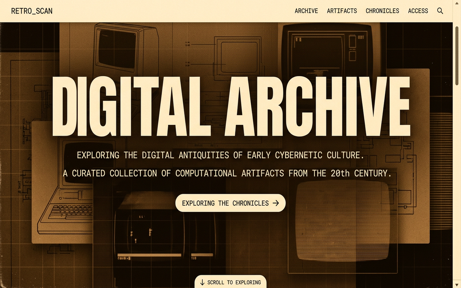 Retro archive website interface — 'DIGITAL ARCHIVE' headline over amber scan-lines and terminals