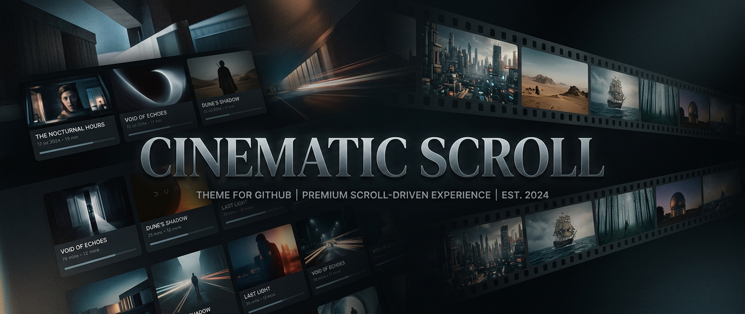 Cinematic Scroll — a free Agent Skill for scroll-driven websites. Two finishes: Petroleum Editorial (dark) and Swiss Museum (light).