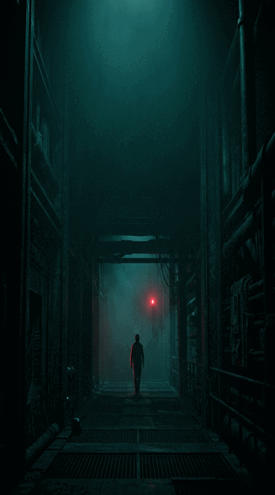 Sci-fi noir — teal fog and crimson edge-light loop