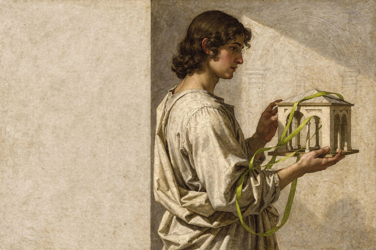 An artisan in draped linen studies an architectural model threaded with a chartreuse ribbon.