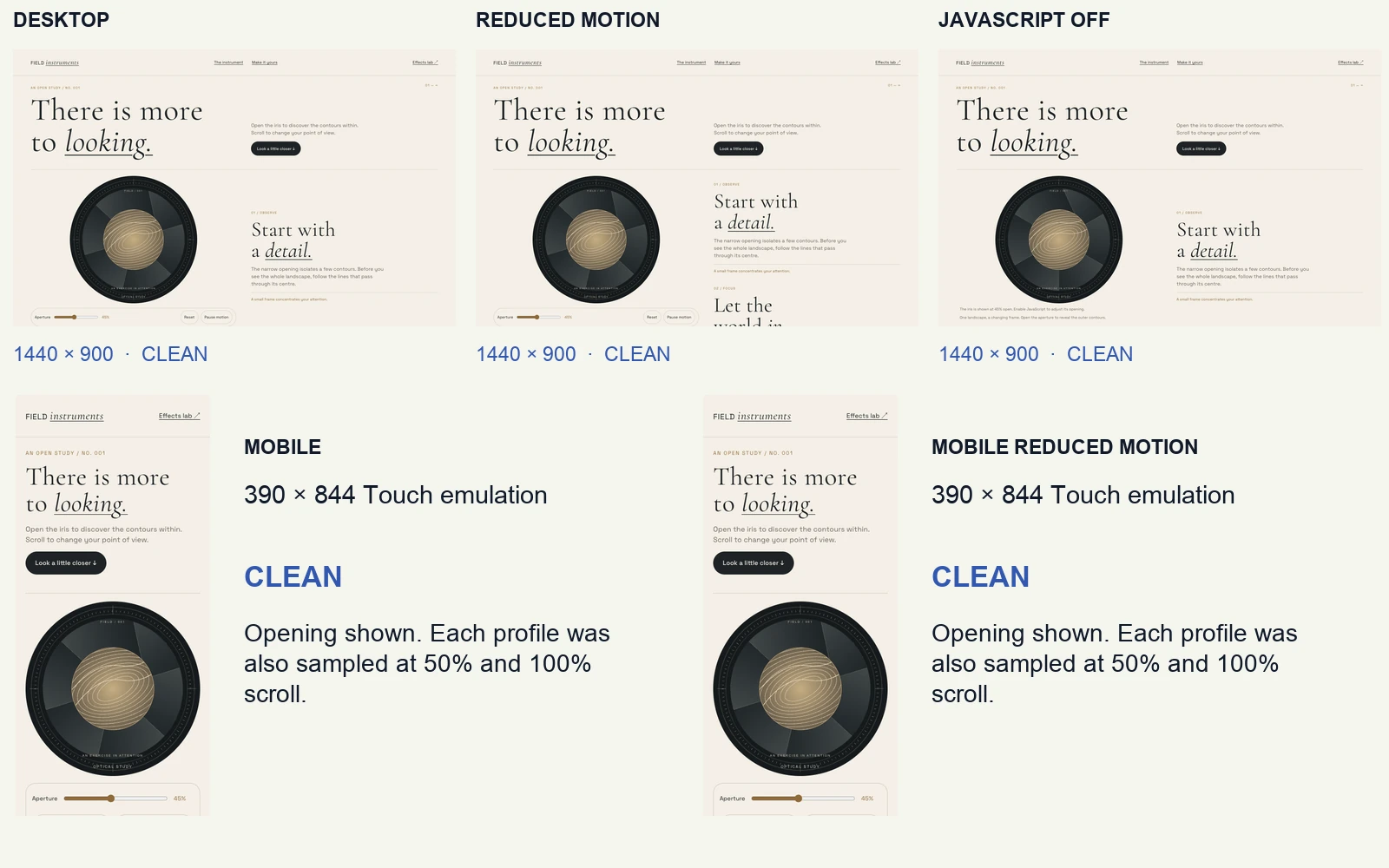 FIELD retains its optical composition across desktop, mobile, reduced-motion and JavaScript-disabled browser profiles.
