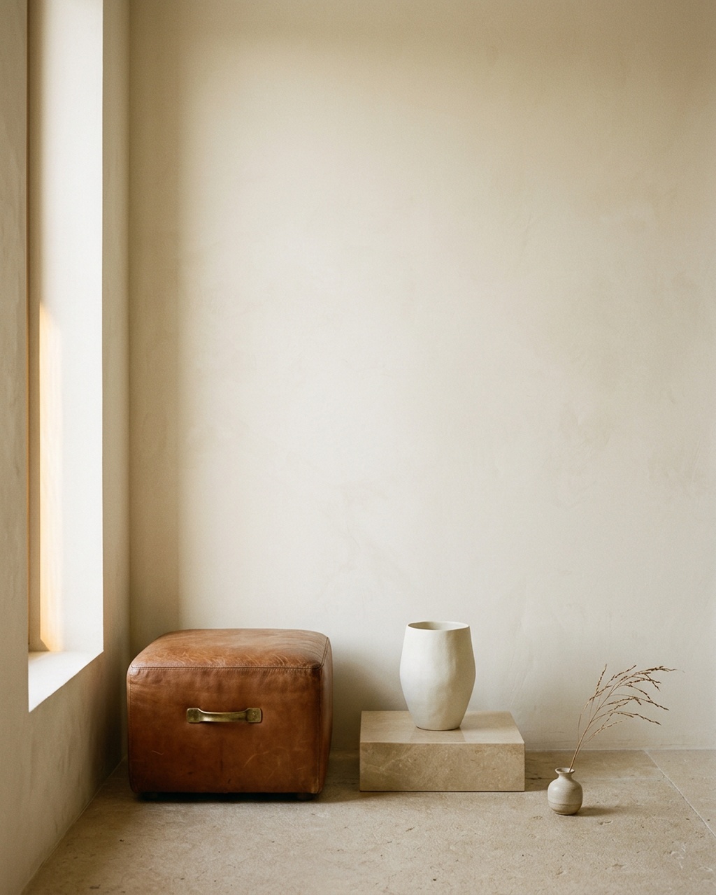 A cognac leather ottoman beside a white vase on a stone plinth, a bar of evening window light on the plaster wall