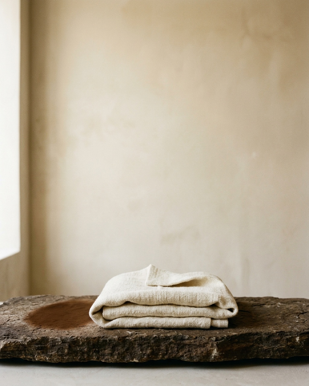A length of pale linen folded on a slab of dark stone, lit softly from a window to the left