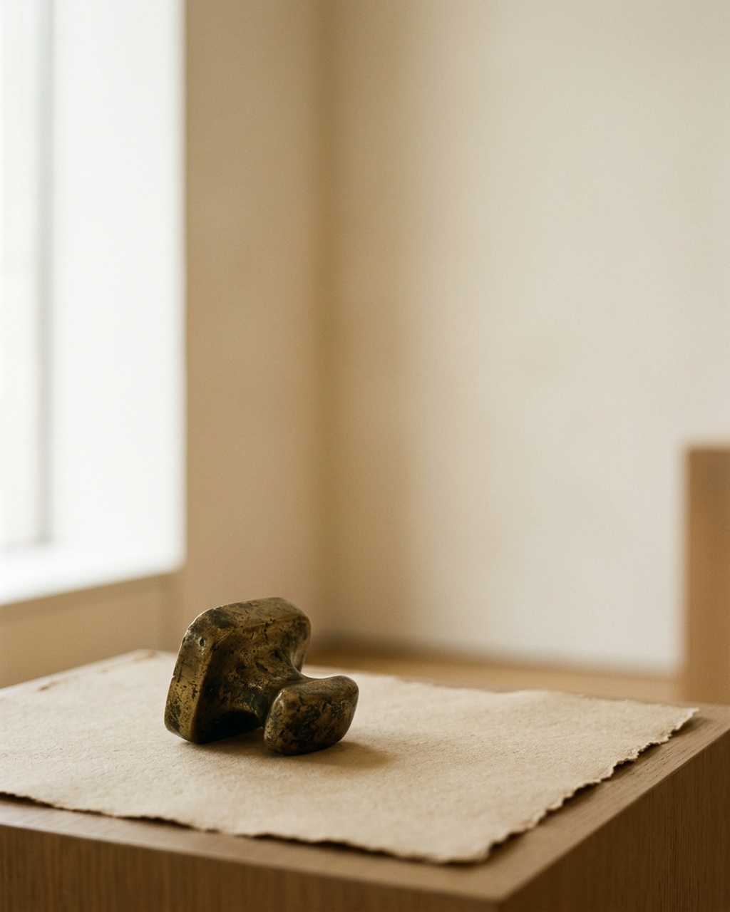 A small bronze seal resting on a sheet of handmade paper on an oak block, window light behind
