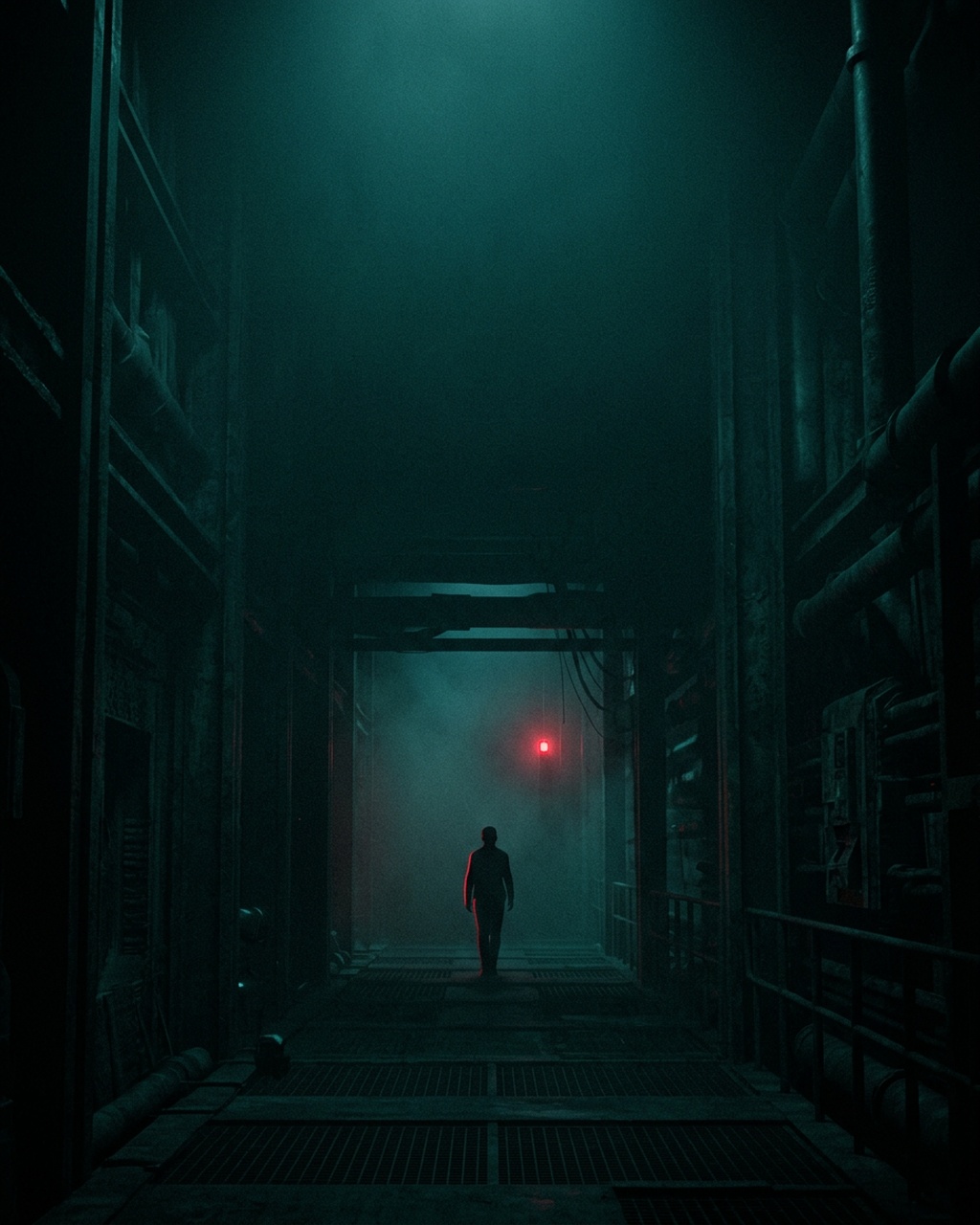 A dim industrial corridor in teal fog; a lone figure walks toward a single red lamp at the far end