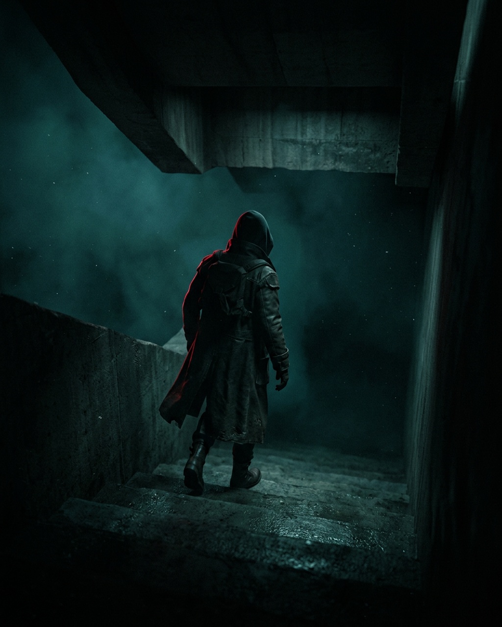 A hooded figure in a long coat descends a wet concrete stairwell into teal darkness