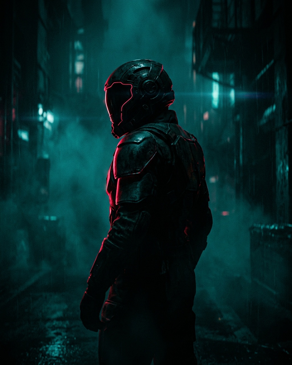 A figure in a sealed helmet and armoured suit, edge-lit in red, standing in rain-soaked teal city fog