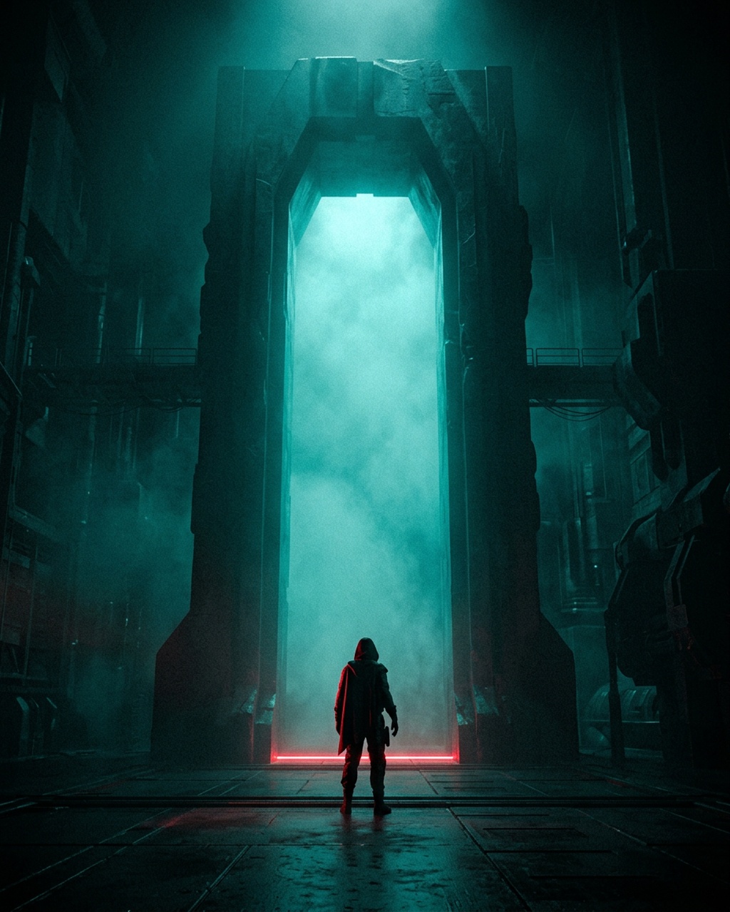A small hooded figure stands before a towering stone gate filled with luminous teal mist, a red line of light along its threshold