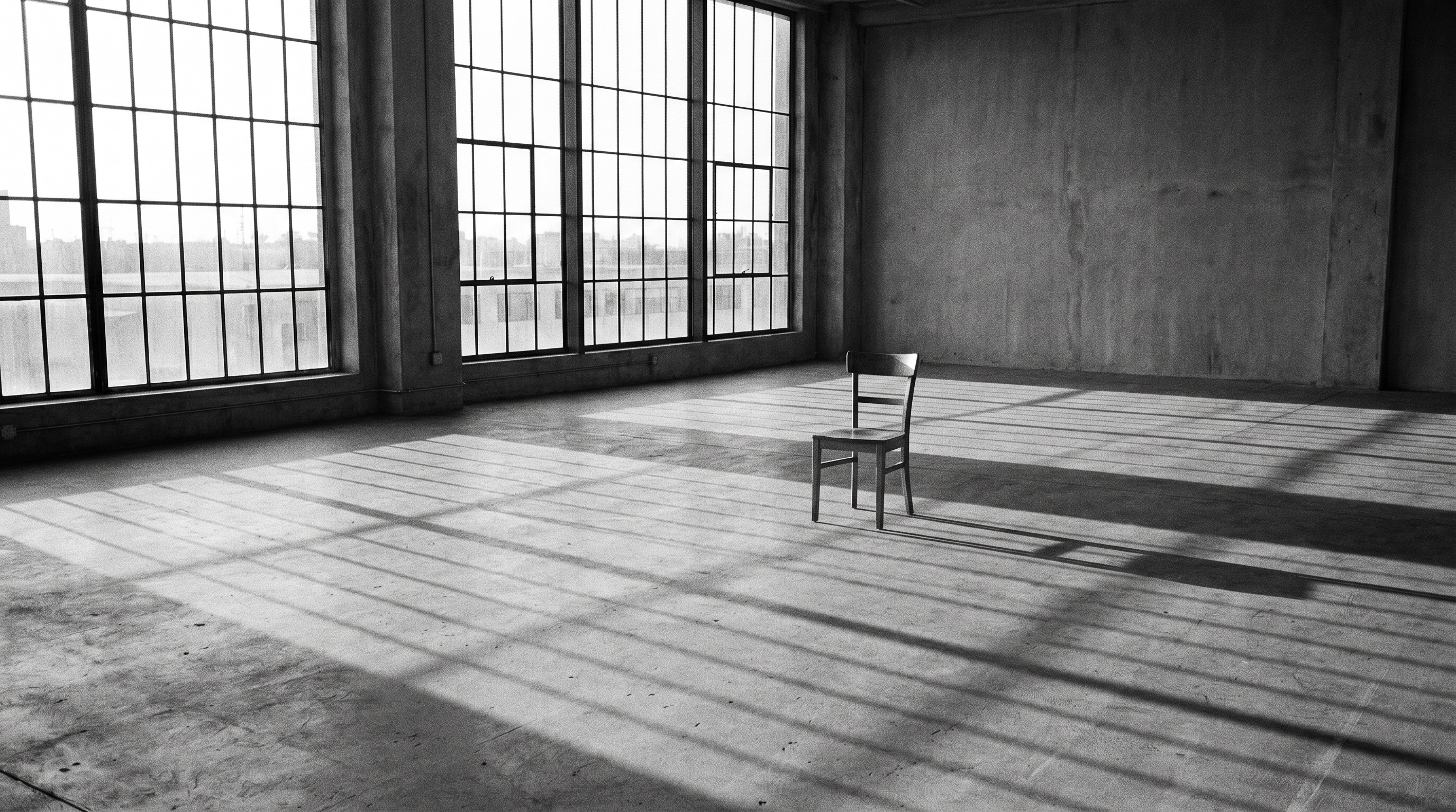 Empty concrete studio at dawn: tall industrial windows throw long grids of light across the floor toward a single wooden chair.