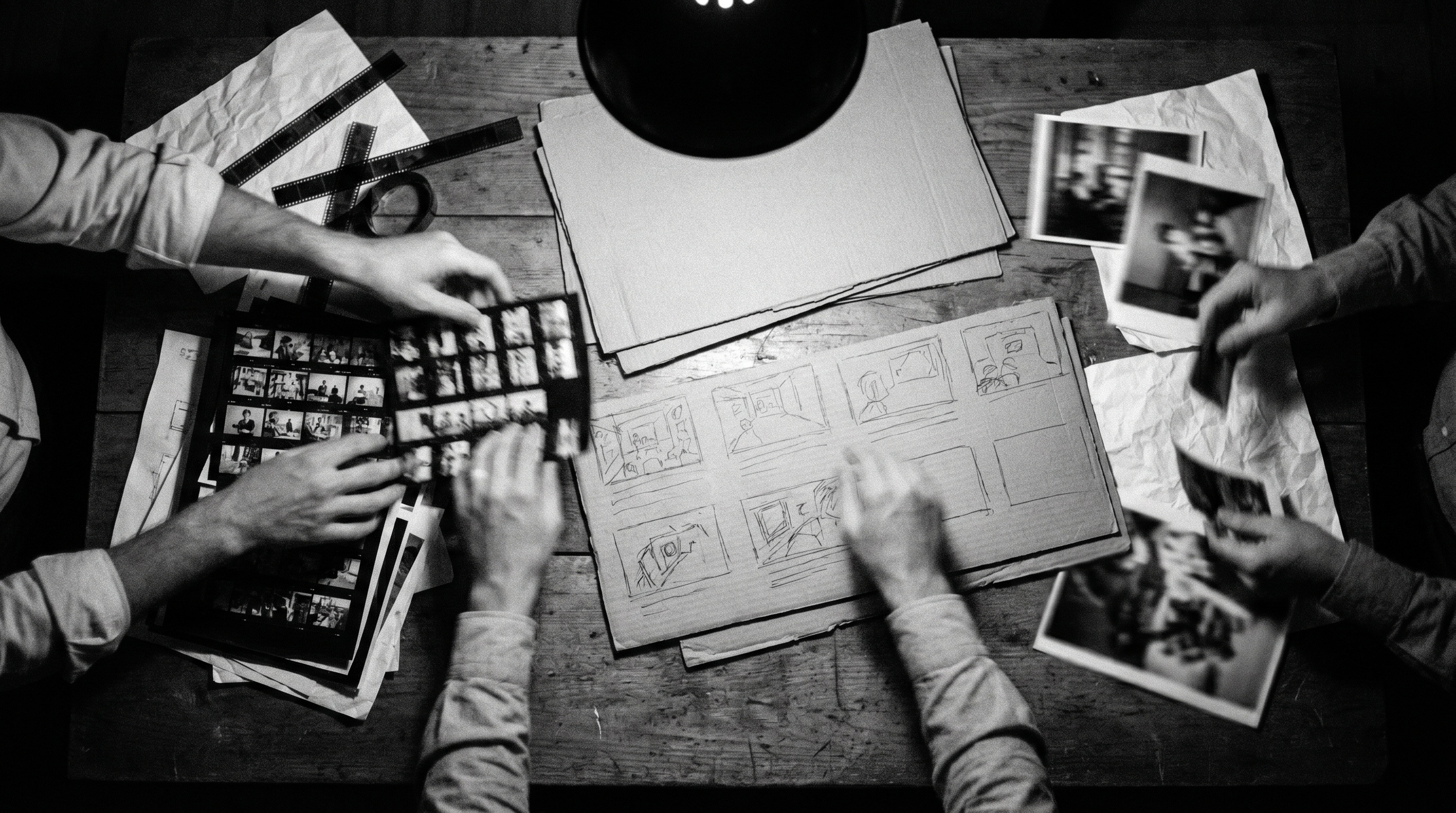 Overhead of a wooden table under a lamp: hands arranging contact sheets, film strips and a hand-drawn storyboard.