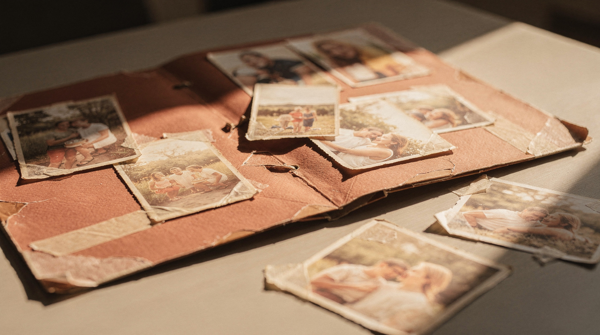An open album on a sunlit table, its loose photographs of a family's summer spilling out of their corner mounts.